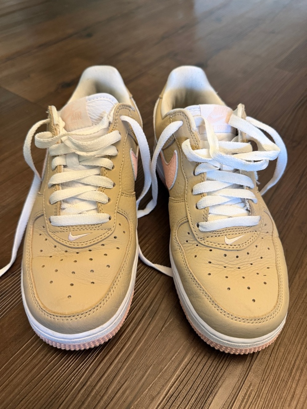 Women’s Nike Air Force 1 — Beige/Tan with Light Pink Swoosh